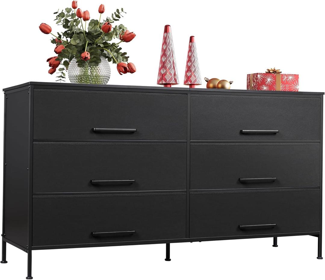 WLIVE 6 Drawer Dresser for Bedroom Large, Fabric Black Dresser TV Stand for 55, 60, 65, 70 inch TV, Wide Long Chest of Drawers with Deep Drawer for Closet, Bedroom, Living Room, Hallway