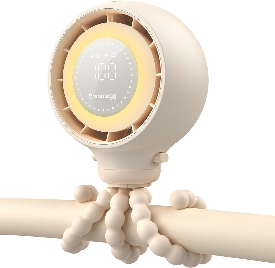 Dreamegg Portable Stroller Fan - 4000mAh Rechargeable Baby Stroller Fan With LED Display, Night Light, Hidden Blade, Detachable 4 Speed 360Rotate, Handheld Cooling for Crib,Travel, Car Seat, Bedroom