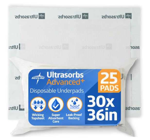 Medline Ultrasorbs Drypads, 30" x 36", 25 Count, Super Absorbent Disposable Bed Pads, Large Incontinence Bed Pads, Chucks Protective Underpads, 10 Times More Absorbent, For Adults, Elderly