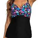 Halcurt Women's Twist Front Tankini Swim Top Only V Neck Loose Fit Bathing Suit Push Up Swimsuit Top Multicolor Dots XL