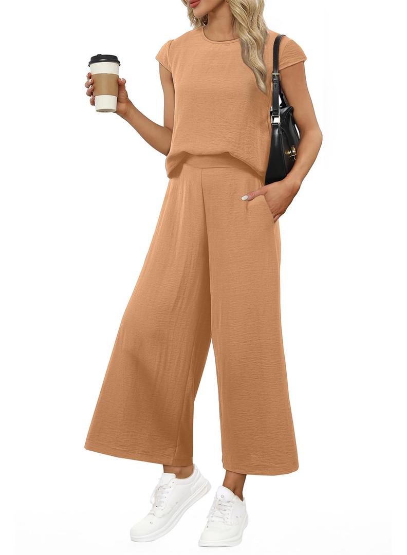 EVALESS 2 Piece Sets for Women Spring 2026 Vacation Outfits Beach Vacation Clothes Cap Sleeve Summer Tops Wide Leg Pants Matching Sets Women Clothing Light French Beige, Medium