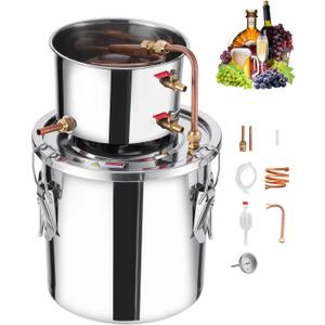 VEVOR Alcohol Still, 3 Gal / 11.4 L Stainless Steel Water Alcohol Distiller with Copper Coil, Home Brewing Refining Fermentation Kit with Thermometer, for Wine Whisky Brandy, Silver