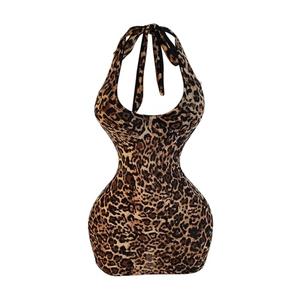 SweatyRocks Women's Leopard Print Halter Dress Backless Bodycon Mini Club Party Cheetah Dresses Coffee Brown Large