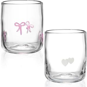 Skylety Set of 2 Bow Icon Juice Glass 14oz Coquette Pink Bow Glass Cup Coquette Heart Coffee Mug Gifts for Women Girls Mothers Day Birthday Bridal Shower Gifts