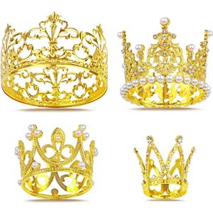 4 PCS Crown Cake Topper, Gold Mini Crown Flower Arrangements Bouquet, Crystal Pearl Vintage Tiara Small Baby Princess Crown for Birthday Wedding Party Baby Shower Decor Boys and Girls
