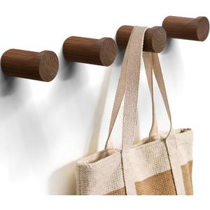 READAEER Walnut Wood Wall Hook 4 Pack, Natural Wooden Coat Hooks Wall Mounted, Hat Hooks Heavy Duty Entryway Wall Hangers for Hanging Towels, Clothes and Bags
