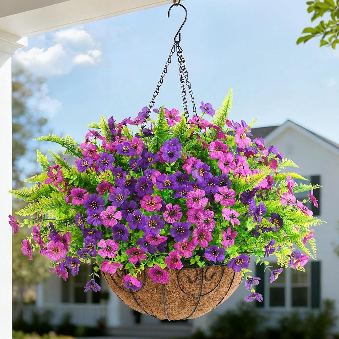 Artificial Flowers Hanging Baskets, Multicolor 12 Bundles Faux Flower with Ferns Outdoor Hanging Basket Spring Summer Decoration, Fake Flowers Plants for Porch Patio Balcony Home Yard Decor
