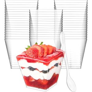 Zezzxu 7 oz Square Mini Dessert Cups with Spoons - 50 Pack Plastic Pudding & Parfait Cups Party Dessert Shooters for Serving Trifle Mousse Cake Appetizer Fruit