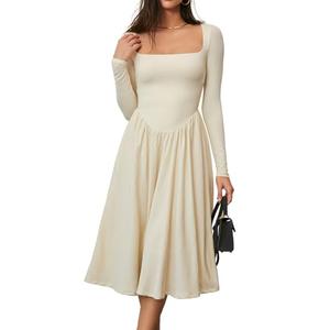 CHYRII Womens Spring Fashion 2025 Square Neck Long Sleeve Casual A-Line Midi Dress Beige XL