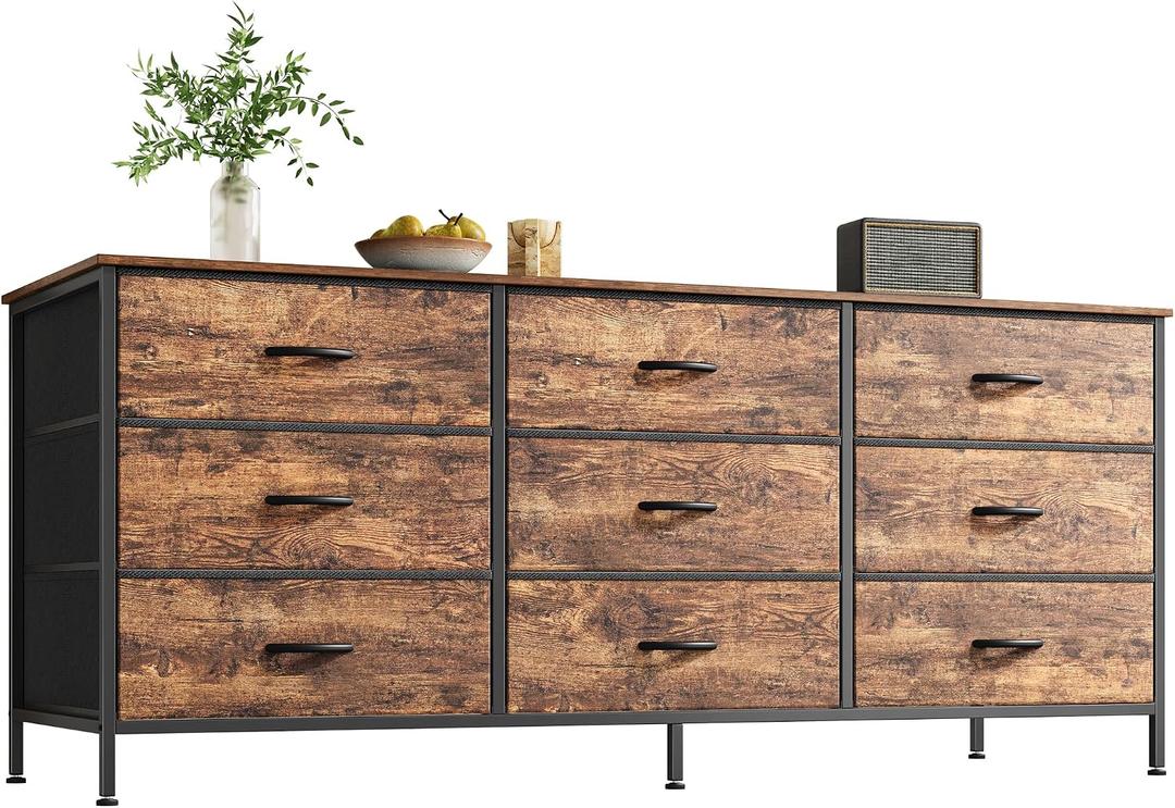 Huuger 9 Drawer Dresser, 55 Inch TV Stand for 55, 60 Inch TV, Entertainment Center with Drawers, Large Storage Fabric Dresser for Bedroom, Closet, Rustic Brown, 13.8"D x 54"W x 26.8"H