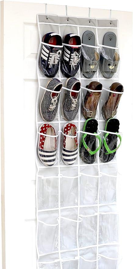 Simple Houseware 24 Pockets- Crystal Clear Over The Door Hanging Shoe Organizer, Gray (64" x 19")