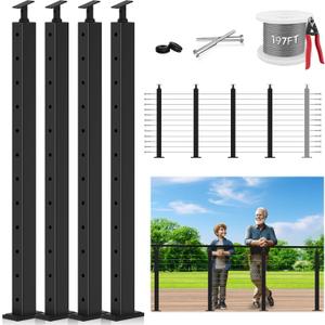 42" One-Stop Cable Railing Post Kits 4 Pack, Adjustable Top Level Drilled Deck Post, Cable Railing System Including 4 Railing Post, 197ft Cable, 24 Terminal, 96 Cable Grommets (No Handrail)