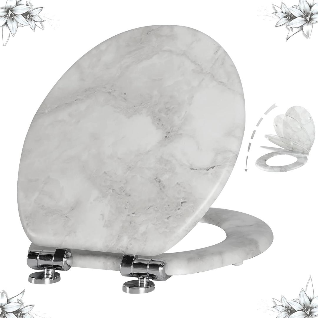 Angel Shield Marble Toilet Seat Durable Molded Wood with Quiet Close,Easy CleanQuick-Release Hinges  Round-16.5“, Gray Marble-Round