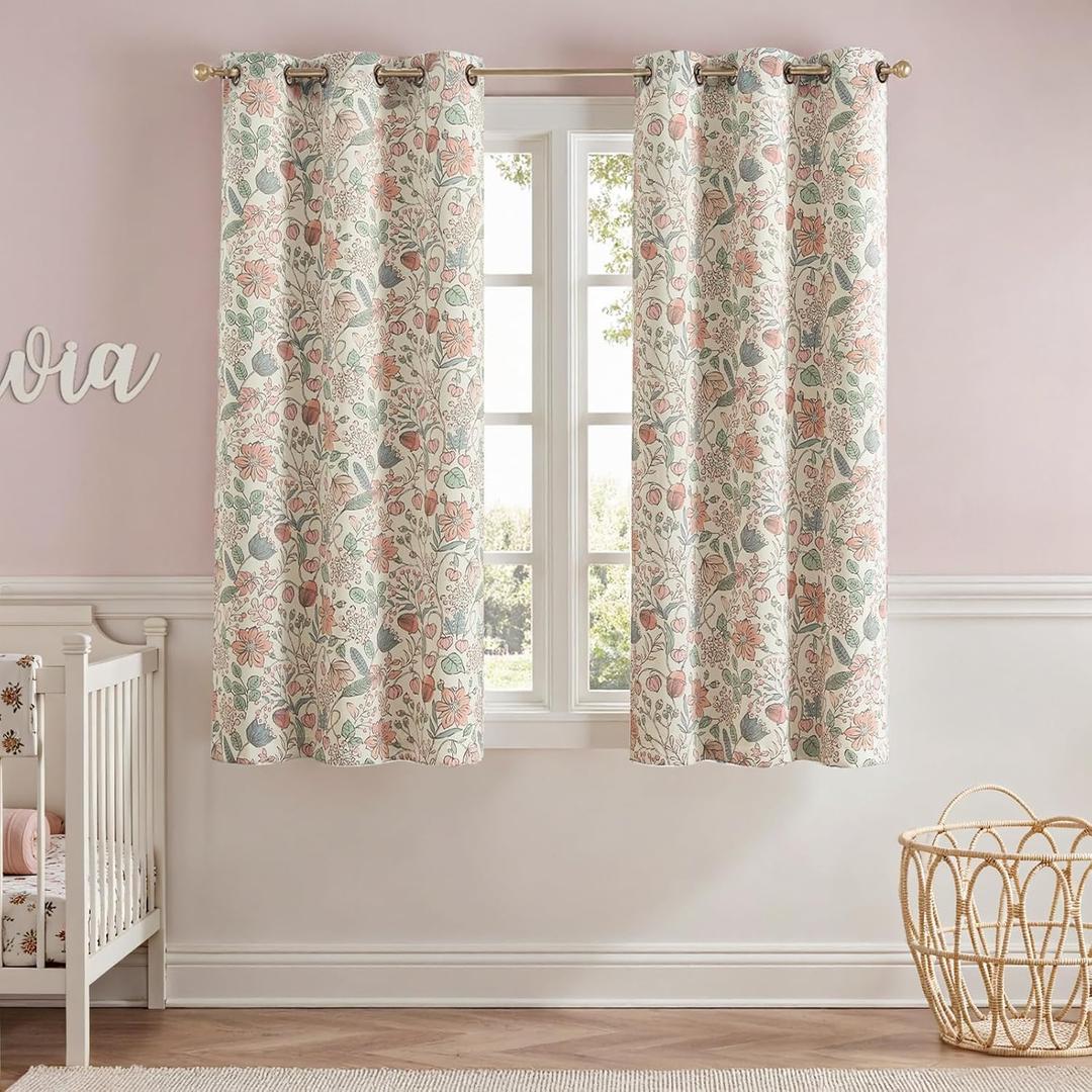 jinchan Nursery Curtains 95% Blackout Pink 63 Inch Long Floral Curtains for Girls Room, Farmhouse Drapes for Living Room Bedroom Darkening Window Treatment Grommet Top, Set of 2 Panels