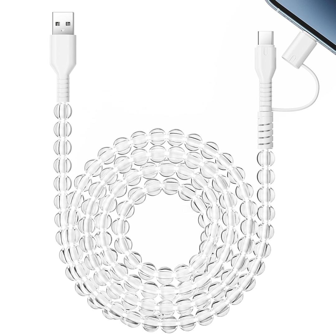 Aolcev USB C Cable 66W 2 in 1 Multi USB to USB C Fast Charging Cable 6.6FT Long Beaded Phone Charger Pearl USB Type C Charger Cord for iPhone 17 16 15 Pro Max Plus Galaxy S25 White Transparent