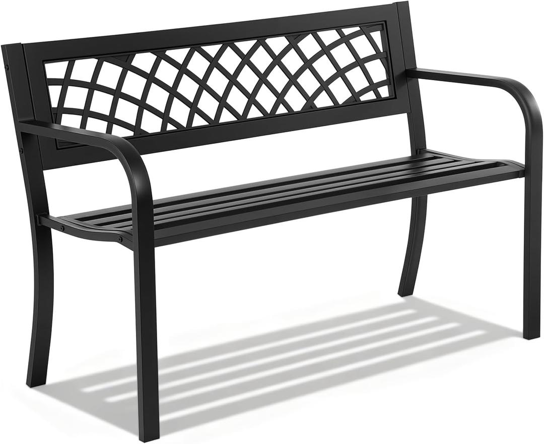 Garden Bench,Outdoor Benches,Iron Steel Frame Patio Bench with Mesh Pattern and Plastic Backrest Armrests for Lawn Yard Porch Work Entryway, Black