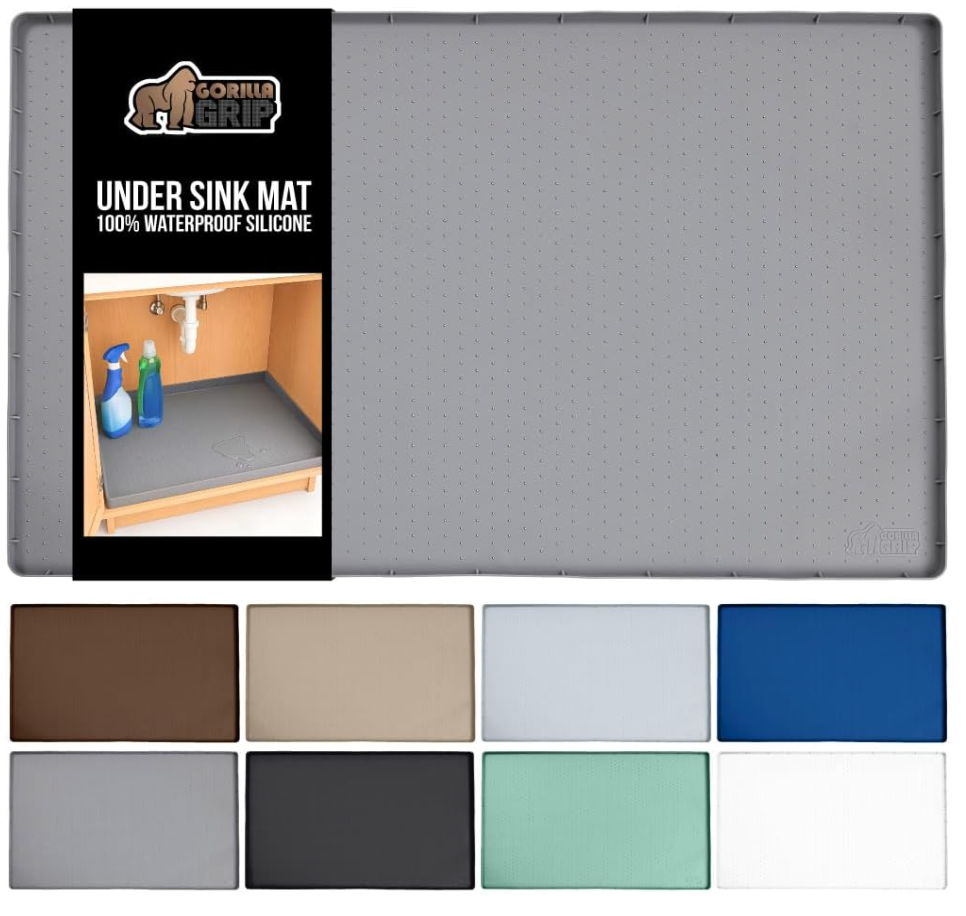 GORILLA GRIP Waterproof Silicone Under Sink Mat with Raised Lip for Kitchen and Bathroom, 34 x 22 in, Cabinet Shelf Liner Stay in Place Mats Dishwasher Safe Drawer Liner, Organizer Tray, Gray