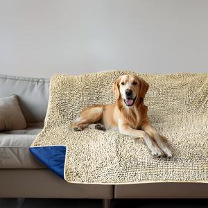 Muddy Mat Dog Blanket - Chenille Water Absorption Blanket for Bed & Couch Cover for Dogs Washable, Anti-Slip Soft and Durable Furniture Protector for Dogs - Beige 52"x72"