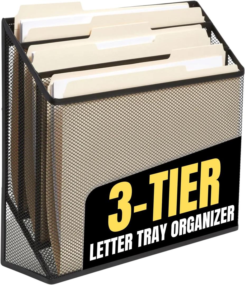 1InTheOffice 3 Tiers File Folder Organizer, Desk Sorter, Black Mesh Organizer