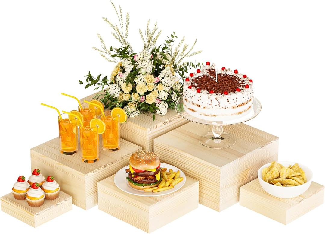 Wooden Display Risers, 6PCS Jewelry and Accessories Risers for Jewelry Figurine 5in to 10in For Buffet Party Rustic Wood Cake & Cupcake Stands& Decor (Natural, 5IN to 10IN)