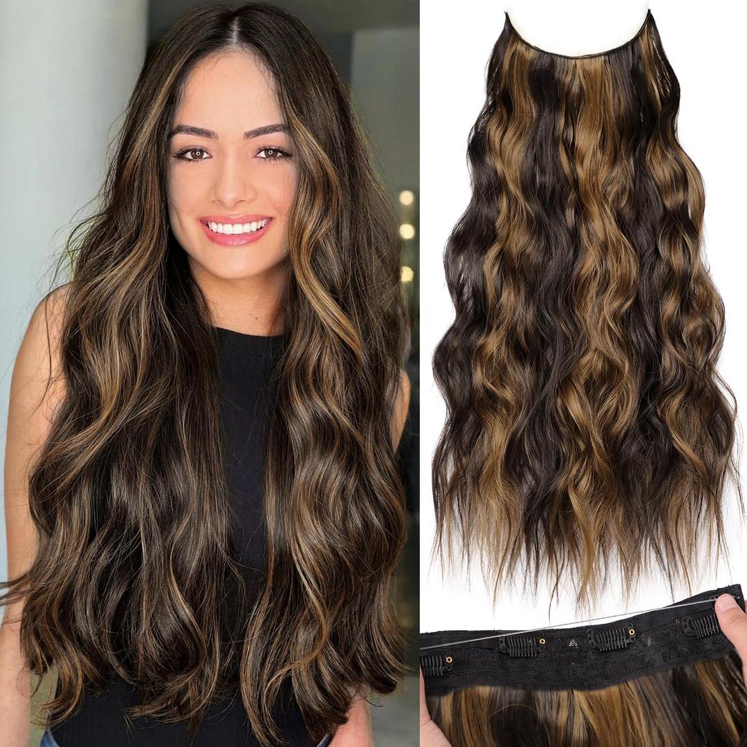 KooKaStyle Invisible Wire Hair Extensions with Transparent Wire Adjustable Size 4 Secure Clips Long Wavy Secret Wire Hairpiece 24 Inch for Women (H2/426#Balayage Dark Brown to Chestnut)