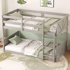 Low Twin Over Twin Size Bed Floor Bunk Bed with Panelled Headboard Footboard, Ladder and Guardrails, Solid Rubber Wood Frame