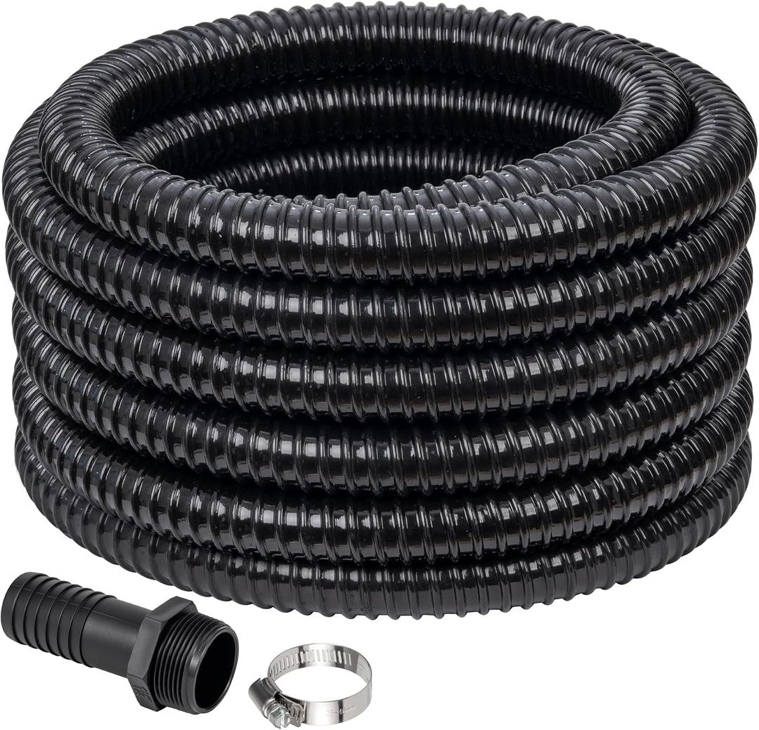 1-1/2" ID Pond Tubing 25ft Black, Reinforced PVC Corrugated Hose - Kink-Proof, Includes 1 Stainless Steel Clamp & 1.5" Barbed x NPT Male Adapter for Ponds, Waterfalls, Pumps, Filters & Drainage