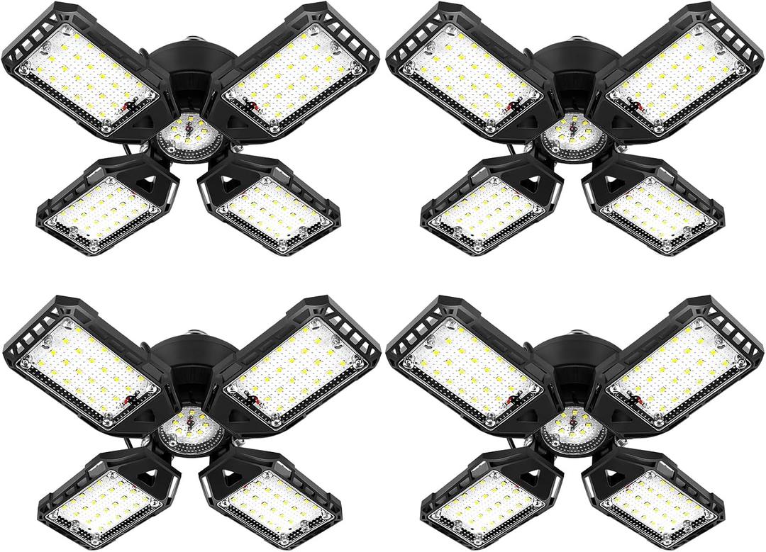 Aoretic LED Garage Lights 4 Pack -120W, 12000LM 6500K Led Shop Light with 4+1 Deformable Panels, Basement Barn Light Garages Ceiling Lights, E26/E27 for Garage, Warehouse, Shop