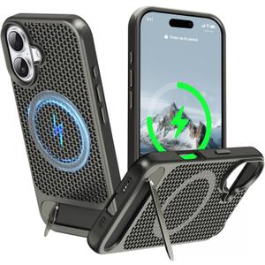 for Magnetic Heat Dissipatio case for iPhone 17, for MagSafe, Cooling Drop Protection, Adjustable Kickstand case, Ice Armour Cool Matte Material - Grey
