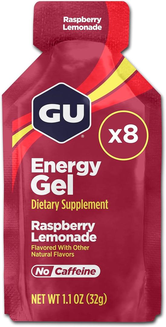 GU Energy Original Sports Nutrition Energy Gel, 8-Count, Vegan, Gluten-Free, Kosher, and Dairy-Free On-The-Go Energy for Any Workout, Raspberry Lemonade, BBD 01/2027