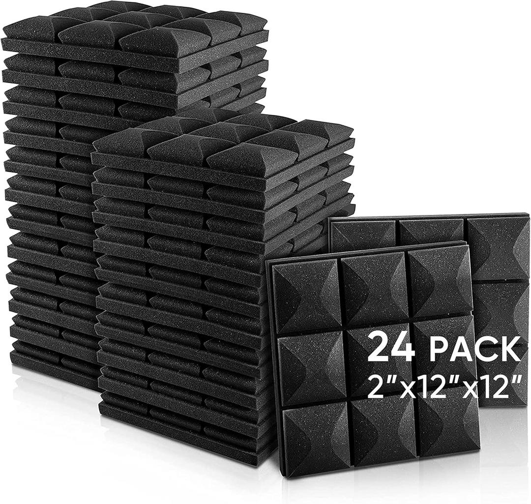 Fstop Labs Acoustic Foam Panels, 24 Pack Black 2'' X 12" X 12" Mushroom Studio Wedge Tiles, Sound Panels Sound Proof Foam Panels Sound Proofing Padding For Wall
