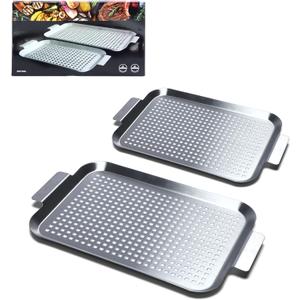 Grill Pan Set of 2, BBQ Grill Topper for Outdoor Grill, Stainless Steel Grilling Baskets with Holes and Handles, Perforated Food Tray Barbecue Accessories for Vegetable, Fish, Meat, Seafood