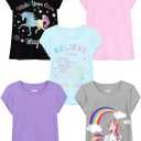 QWE 5 Pack Girls Shirts Cotton Short Sleeve Shirts for Girls Graphic Kids Tops Tees Clothes Summer T-Shirts, Medium