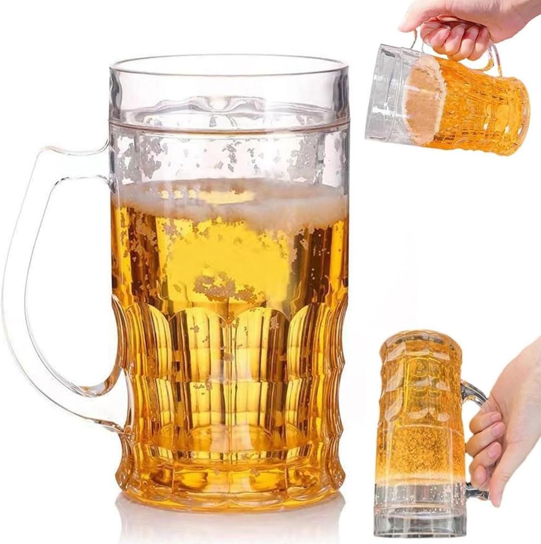 Fake Beer Glasses, Double Walled Beer Mug For, 16 oz with Handle, Resuable Beer Drinking Cups, Double Walled Beer Mug For Freezer for Bar, Beverages, Freezable, BPA Free