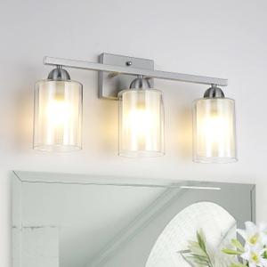 Stainless Steel Bathroom Vanity Light Over Mirror, 3 Light Brushed Nickel Bathroom Light Fixtures with Milk Glass and Clear Glass Shades, Modern Vanity Lighting Wall Mount