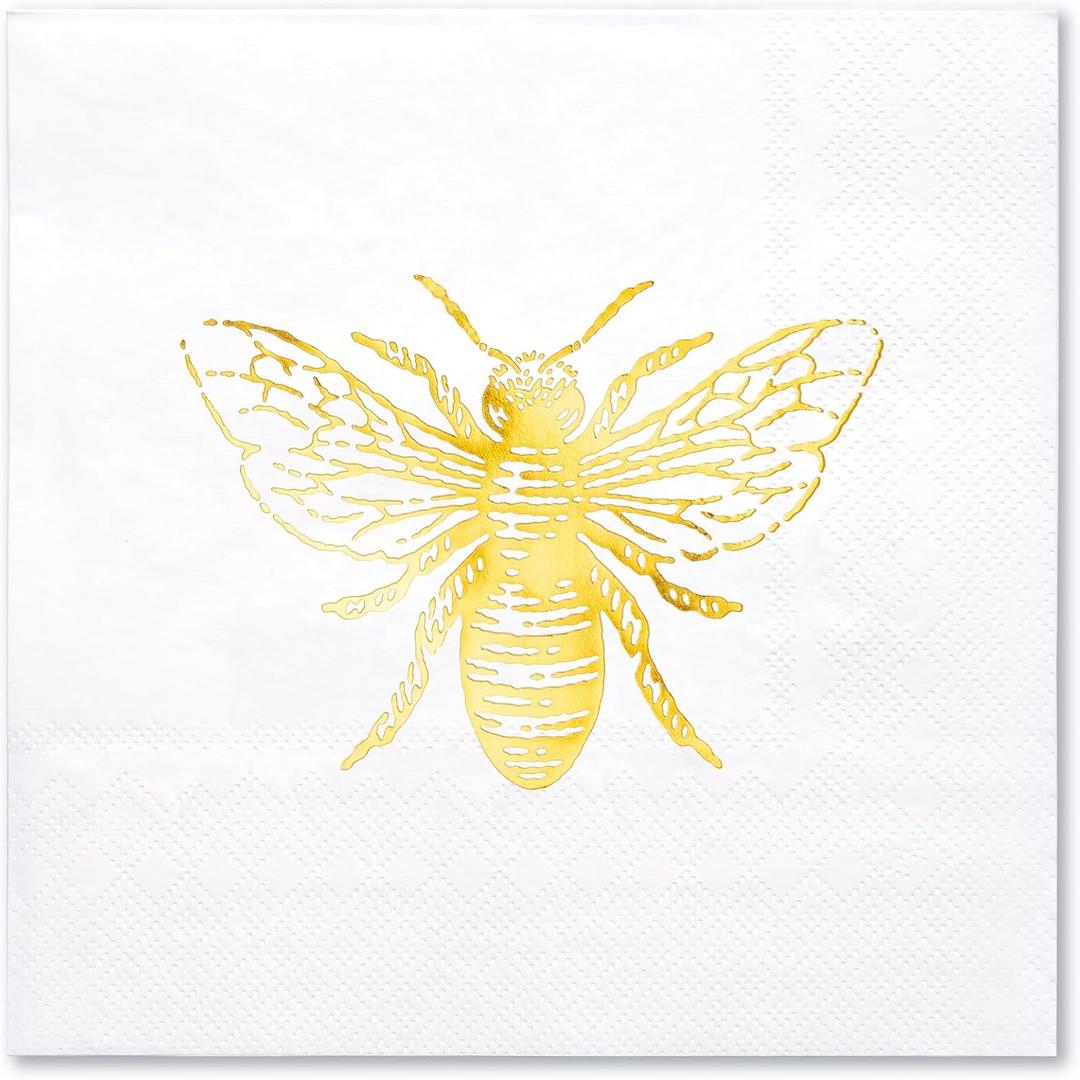 WRAPAHOLIC 50Pcs Bee Wedding Napkins - 3-Ply Gold Foil Bee Disposable Paper Luncheon Napkin for Engagement Wedding Party Supplies Tableware - 6.5 x 6.5 In