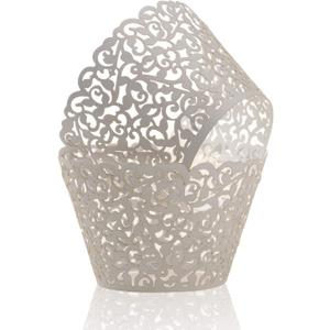 KPOSIYA Pack of 120 Cupcake Wrappers Artistic Bake Cake Paper Cups Vine Designed Laser Cut Cupcake Wraps Baking Cup Muffin Case Trays for Wedding Baby Shower Party Birthday Decoration (120, White)
