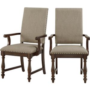 Benzara Tom 26 Inch Dining Armchair- Beige Polyester- Nailheads- Brown Wood- Set of 2