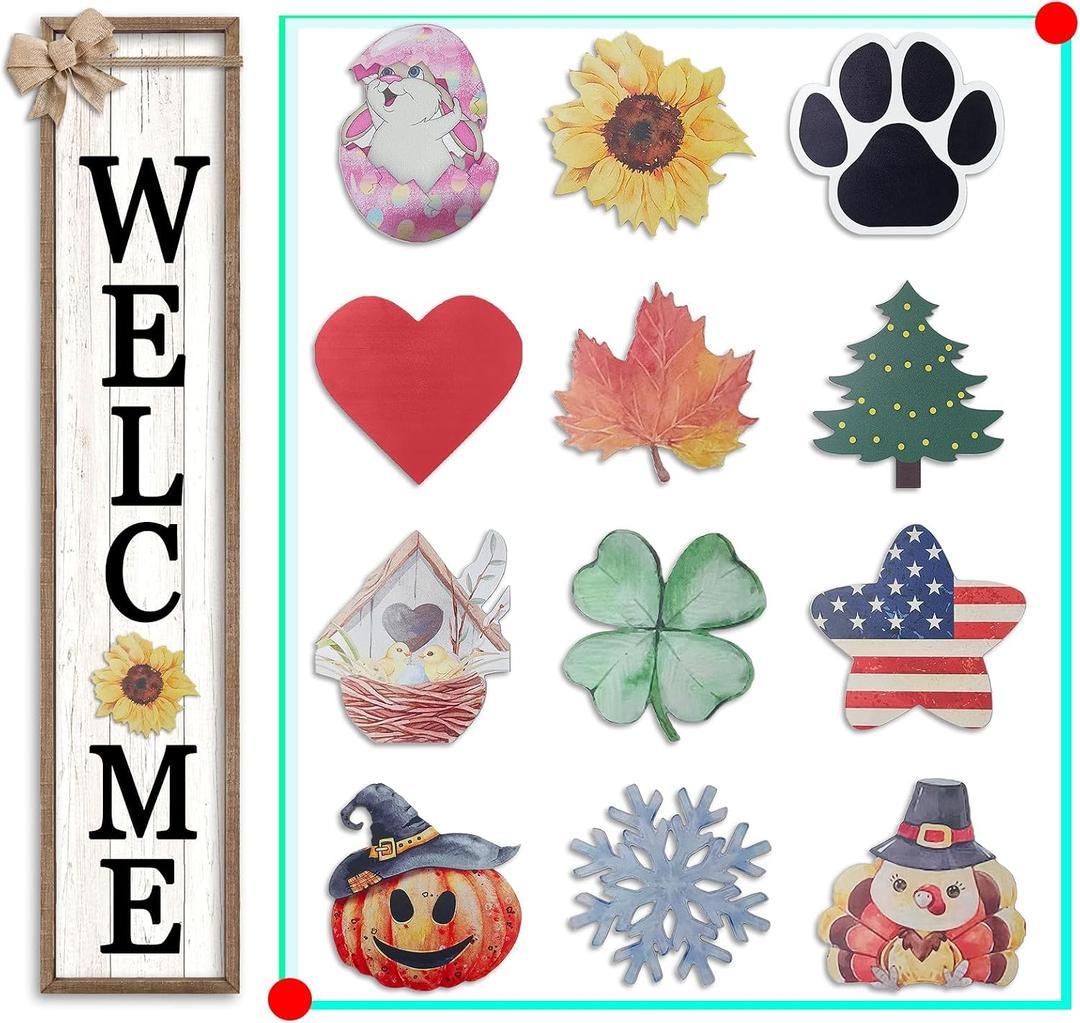 Front Porch Welcome Sign for Interchangeable Standing 45"X9" With 12 Pcs Replaceable Icons Wood Frame Signs Outdoor Front Door Decor (Wood White)