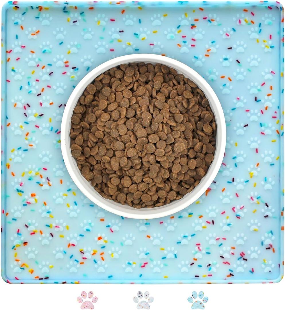 Ptlom Dog Food Mat Anti-Slip Dog Bowl Mats for Food and Water, Waterproof Pet Placemat Prevents Messy Spill to Floor, Silicone Puppy Feeding Tray for Small, Medium and Large Dogs Cats, Blue (11.8"L x 11.8"W)