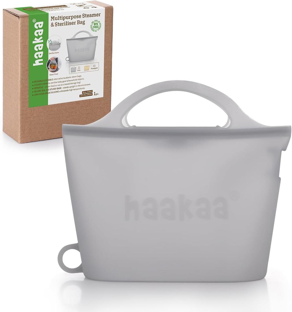 Haakaa On-The-Go Silicone Microwave Steam Sterilizer Bags for Travel, 40oz/1250ml Reusable Silicone Steaming Bags for Baby Bottles, Breast Pump, Accessories, Pacifiers, Teethers,Grey/1PC