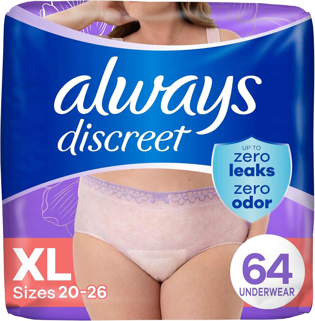 Always Discreet Adult Incontinence Underwear for Women and Postpartum Underwear, XL, Up to 100% Bladder Leak Protection, 64 Count (Packaging May Vary)