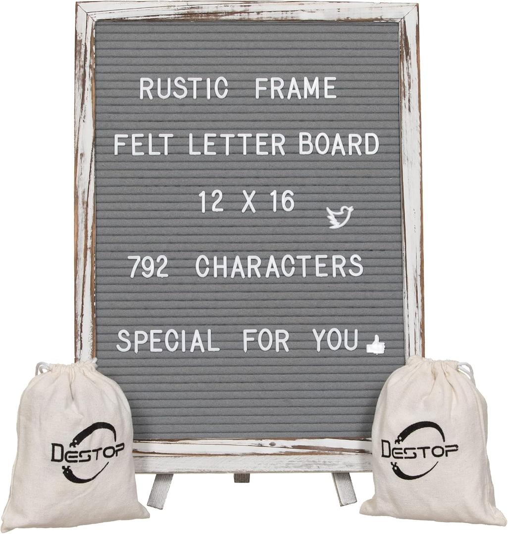 Felt Board With Rustic Vintage Frame and Stand 12x16 Inch, Grey Changeable Message Board Includes 792 Letters, Numbers and Symbols, Hook to Hang, 2 Canvas Bags