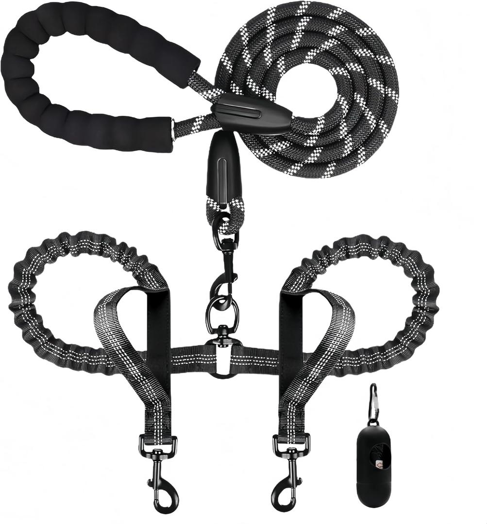 Dual Dog Leash for Two Dogs, 360 Swivel Tangle-Free Walking & Training, Heavy Duty 6FT Elastic Shock Absorbing Bungee, Fits Medium Large Dogs, Includes Dog Poop Bags, Black