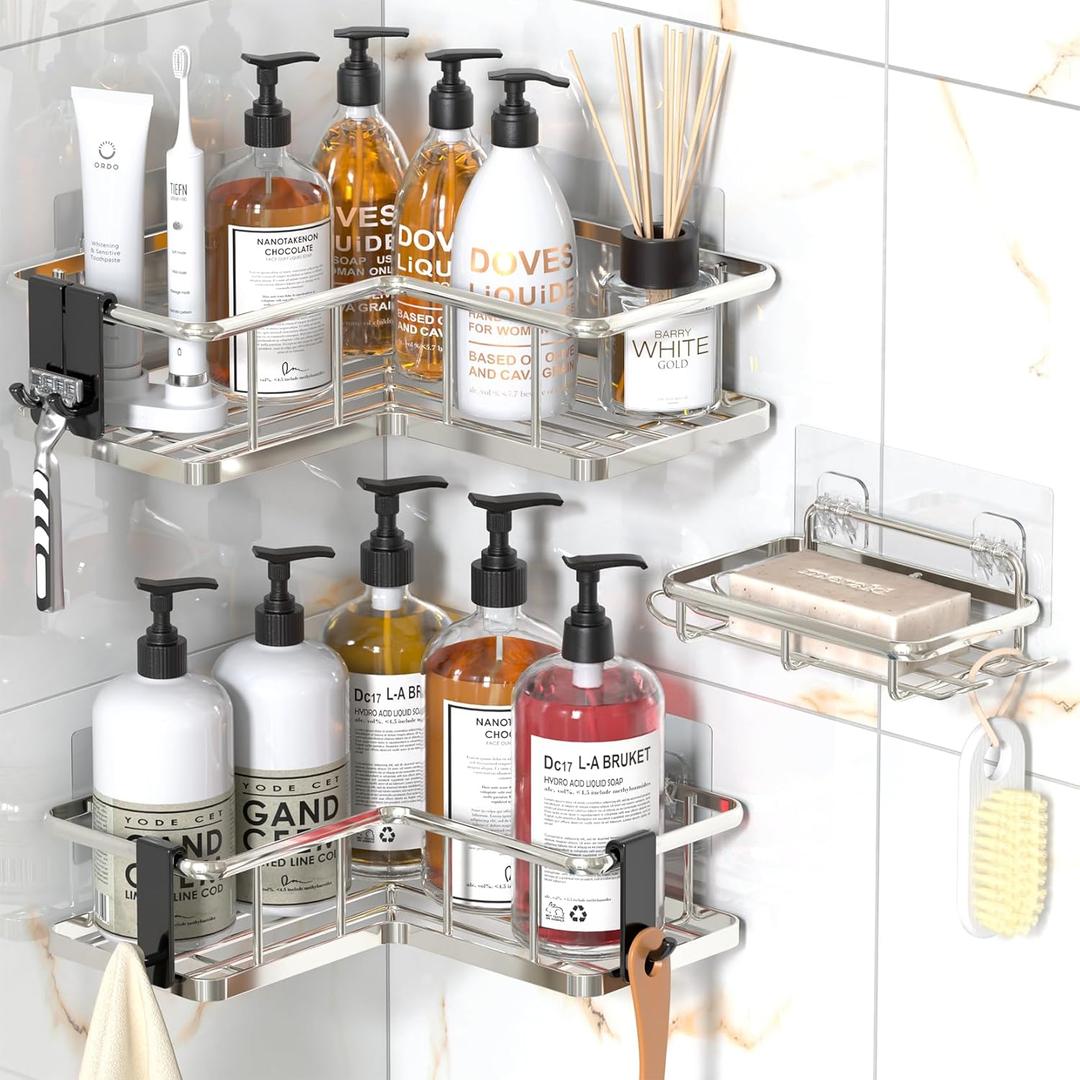 YASONIC Corner Shower Caddy Organizer, Self-Adhesive Rustproof Bath Shelves with Soap Holder & 4 Hooks, Large Capacity Shower Storage Rack for Bathroom Organization, (3Pack, Silver)