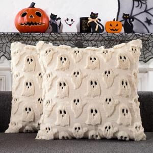 Halloween Ghost Pillow Covers 18x18 inch Set of 2,Beige Soft Plush Faux Fur Throw Pillow Cases Decorative Cushion Case for Bed Sofa Chair Fall Autumn Halloween Home Decor