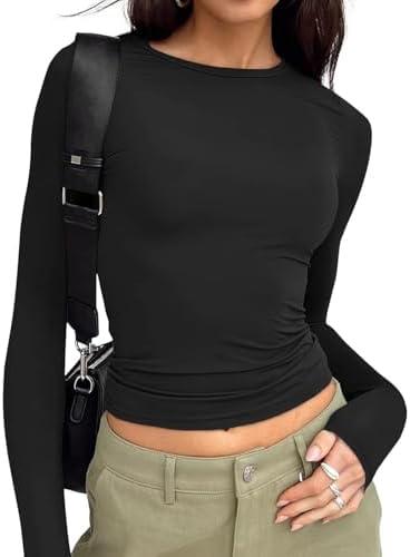 Trendy Queen Womens Long Sleeve T Shirts Fall Fashion 2026 Basic Crop Tops Going Out Outfits Y2k Clothes, Black, Size M