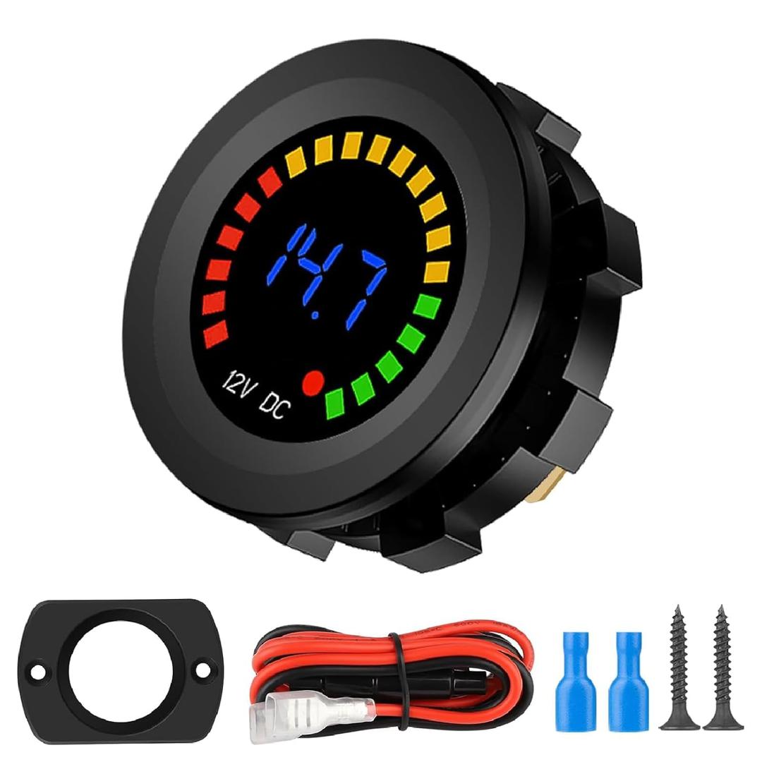 Linkstyle Battery Meter, Waterproof 12V Voltmeter Gauge, LED Digital Display Voltage Gauge, Round Voltage Meter for Marine Car Motorcycle Truck Boat RV (Short Body 1pcs)