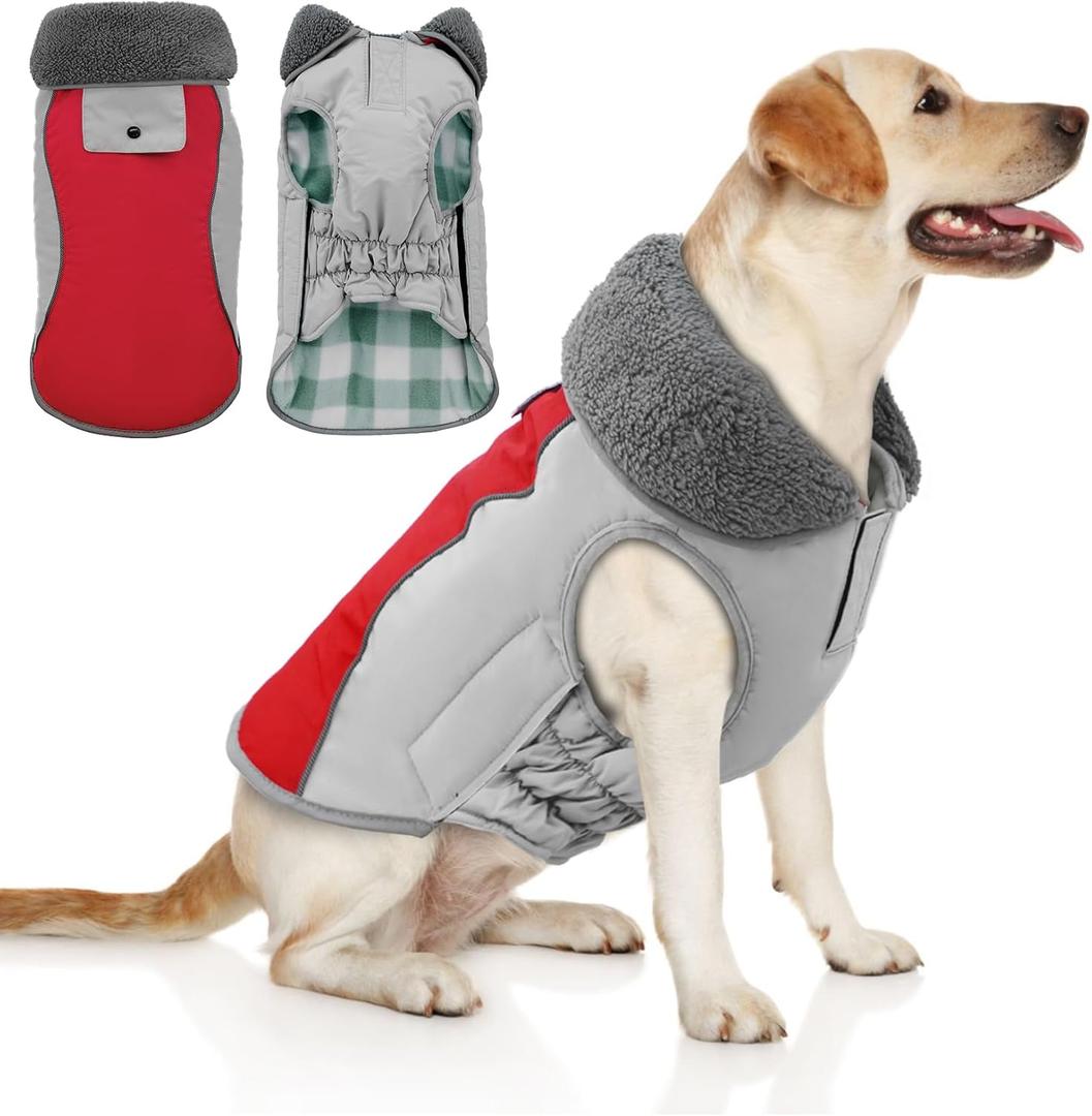 Doglay Dog Coat Waterproof Warm Dog Winter Jacket,Christmas Reflective Fleece Puppy Winter Coat with Harness Hole, Adjustable Snow Jacket for Large Dogs, L