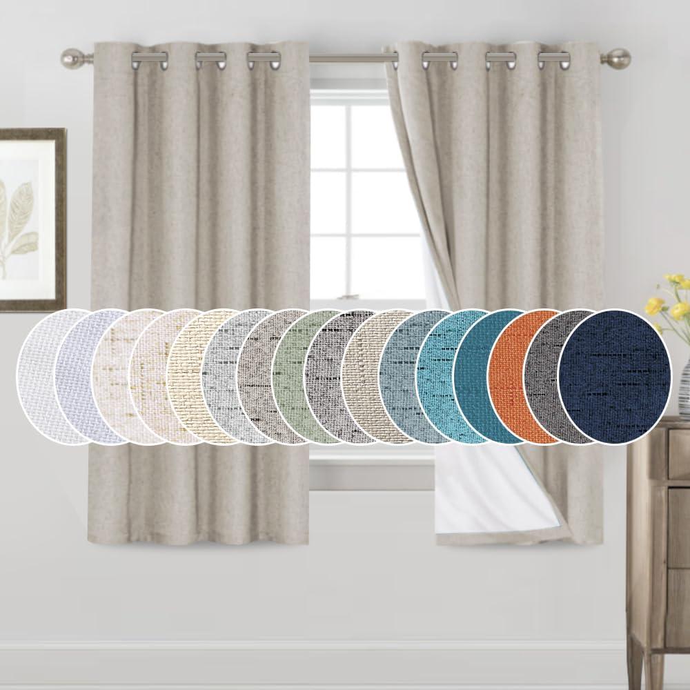 PrinceDeco Blackout Curtains 63 Inch Length Linen Texture Drapes for Bedroom Living Room Thermal Insulated with White Liner Grommet Room Darkening Curtains & Drapes (2 Panels, Cobblestone)